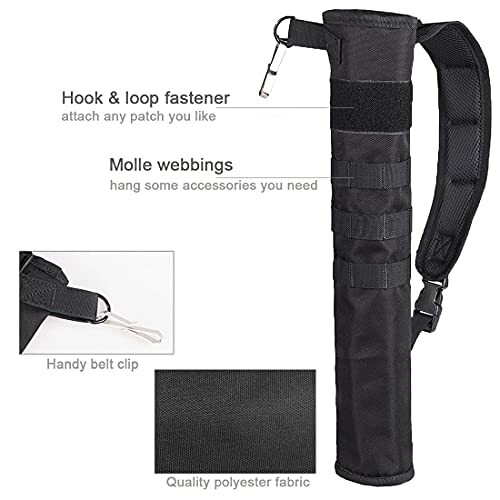 Black baton holder with hook and loop fastener, molle webbings, and handy belt clip.