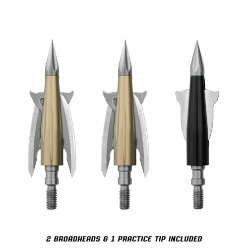 Three arrowheads with broadheads and a practice tip included.