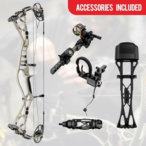 Compound bow with included accessories: sight, arrow rest, stabilizer.