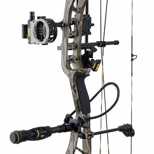 Close-up of a compound bow with accessories.