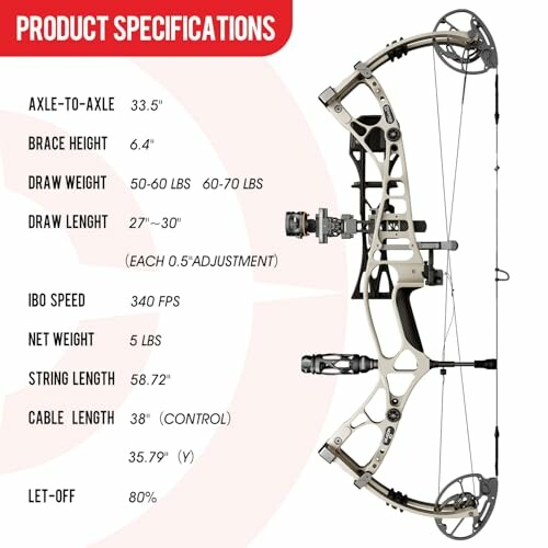 Compound bow with detailed product specifications.