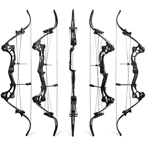 Five views of a black compound bow.