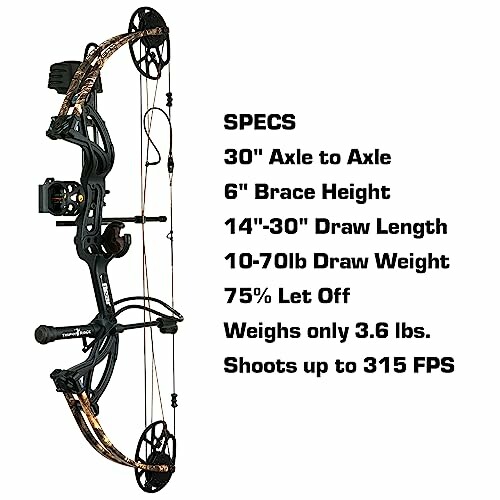 Compound bow with specifications listed, including 30-inch axle to axle, 6-inch brace height, 14-30 inch draw length, 10-70 lb draw weight, 75% let off, weighs 3.6 lbs, shoots up to 315 FPS.