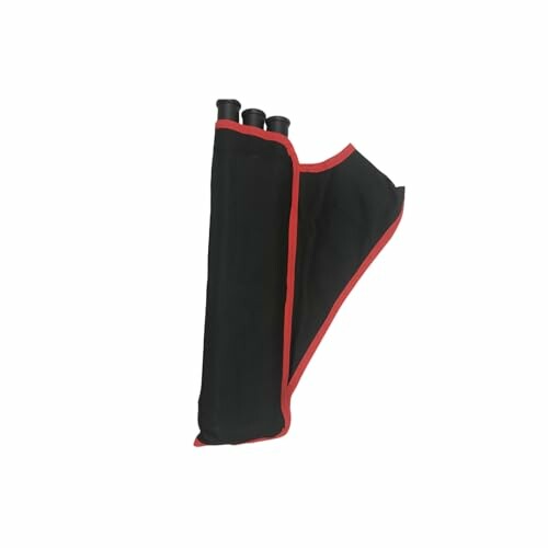 Folded black tool roll with red trim containing tools