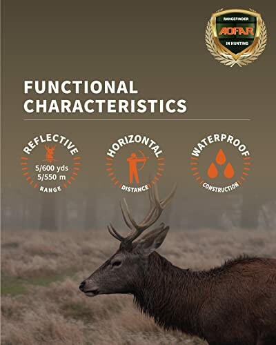 Deer with rangefinder features: reflective range, horizontal distance, waterproof construction.