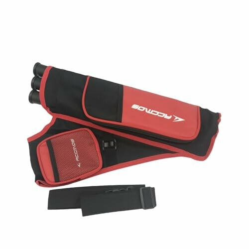 Red and black archery quiver with pocket and strap