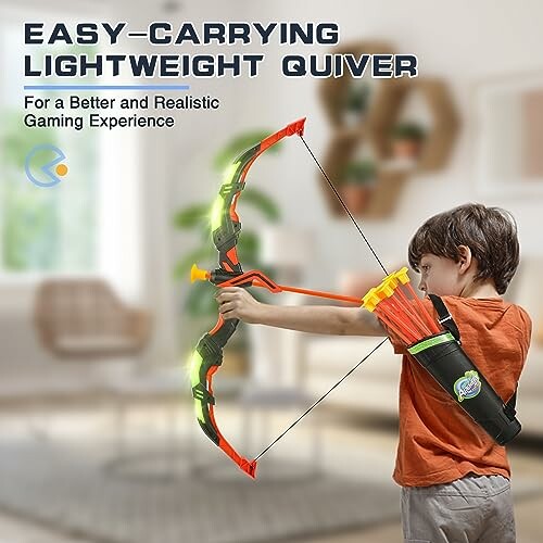 Child playing with toy bow and arrow set indoors.